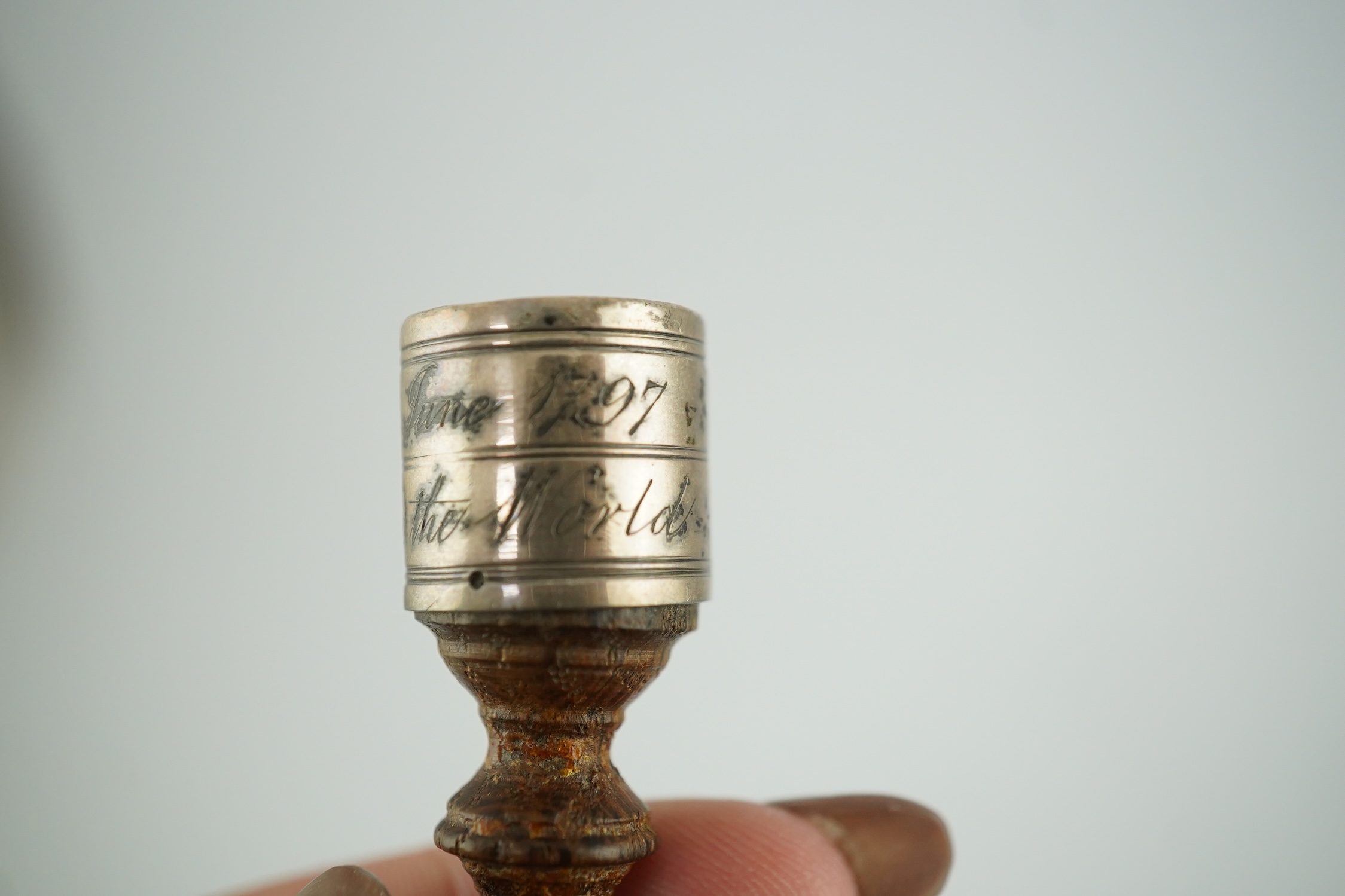 Australian Interest - an antique silver mounted treen miniature tipstaff inscribed 'William Raven, Commander Ship Britannia, From Feby 1792 to June 1797 - Three Times Round the World'. 6cm high. Condition - good